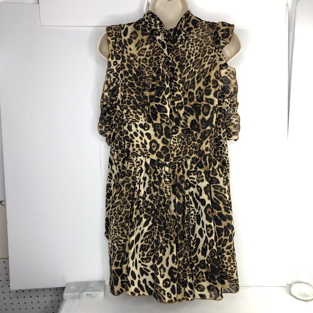 Oh Polly Open Shoulder Leopard Animal Print Mini Dress Size 2 Balloon Sleeves - Picture 2 of 6